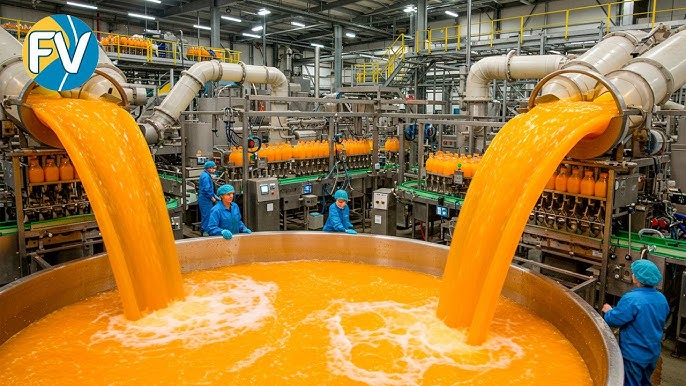 Fabrica de jugos de naranja virtiendo el jugo en una dispensadora